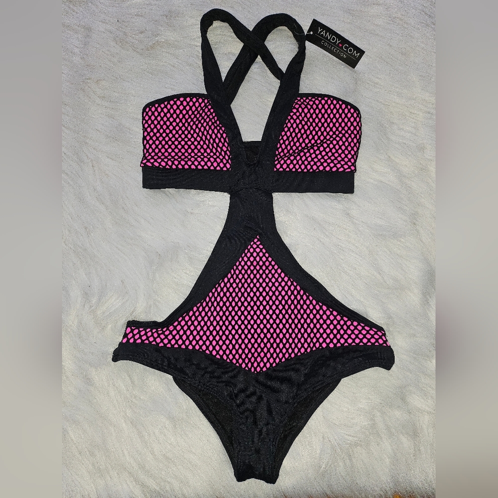 YANDY cut out neon pink black fishnet monokini RARE HARD TO FIND 2018 swimsuit S